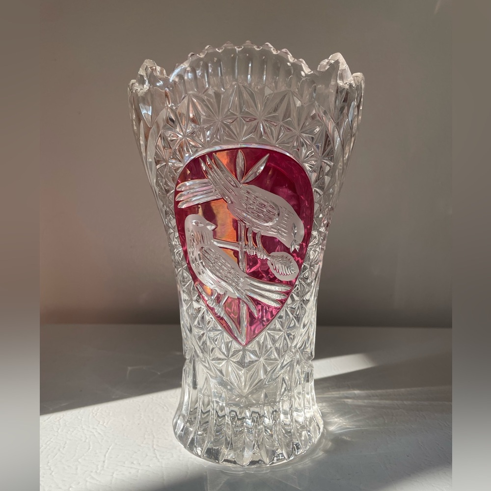 Stunning Vintage Red Cut to Clear Lead Crystal Bird Vase Hofbauer Germany 8"